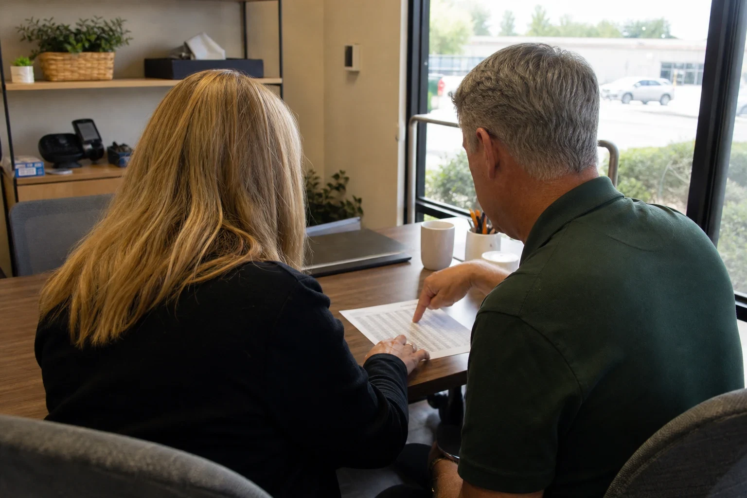 Two people seen from behind at a small office table by a storefront window, reviewing a printed page of figures as one points to a line