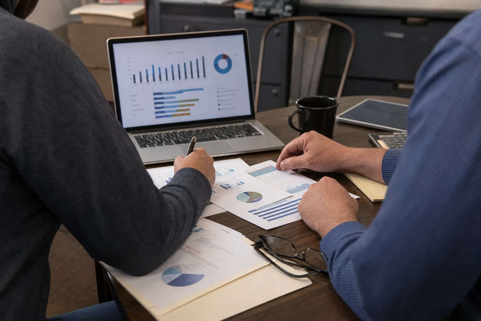 Two people at a wooden office table reviewing printed pie and bar charts beside a laptop showing graphs, with a coffee mug, calculator, tablet and reading glasses
