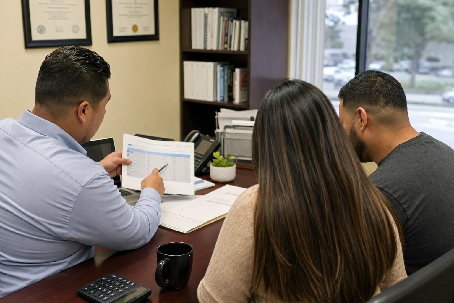 Insurance agent in a light blue shirt points to a printed comparison sheet while a couple sits at his office desk near a window, with framed certificates and binders behind