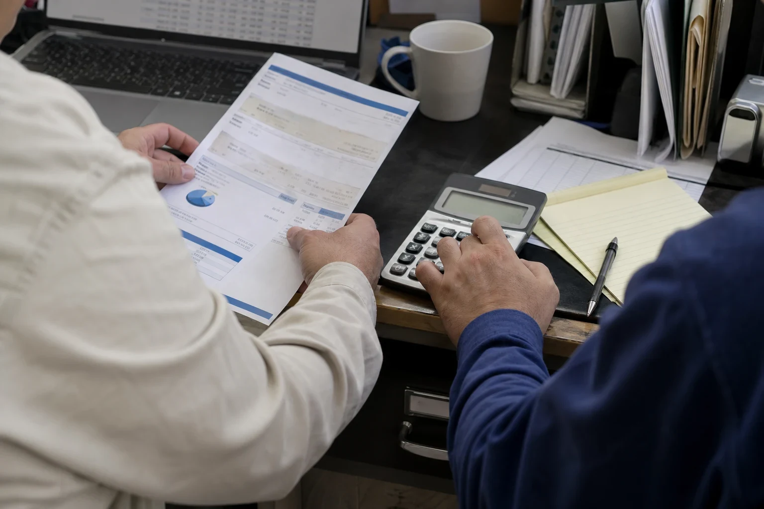 Over-the-shoulder view of two people at an office desk, one holding a printed statement with a pie chart while the other types on a calculator beside a yellow notepad