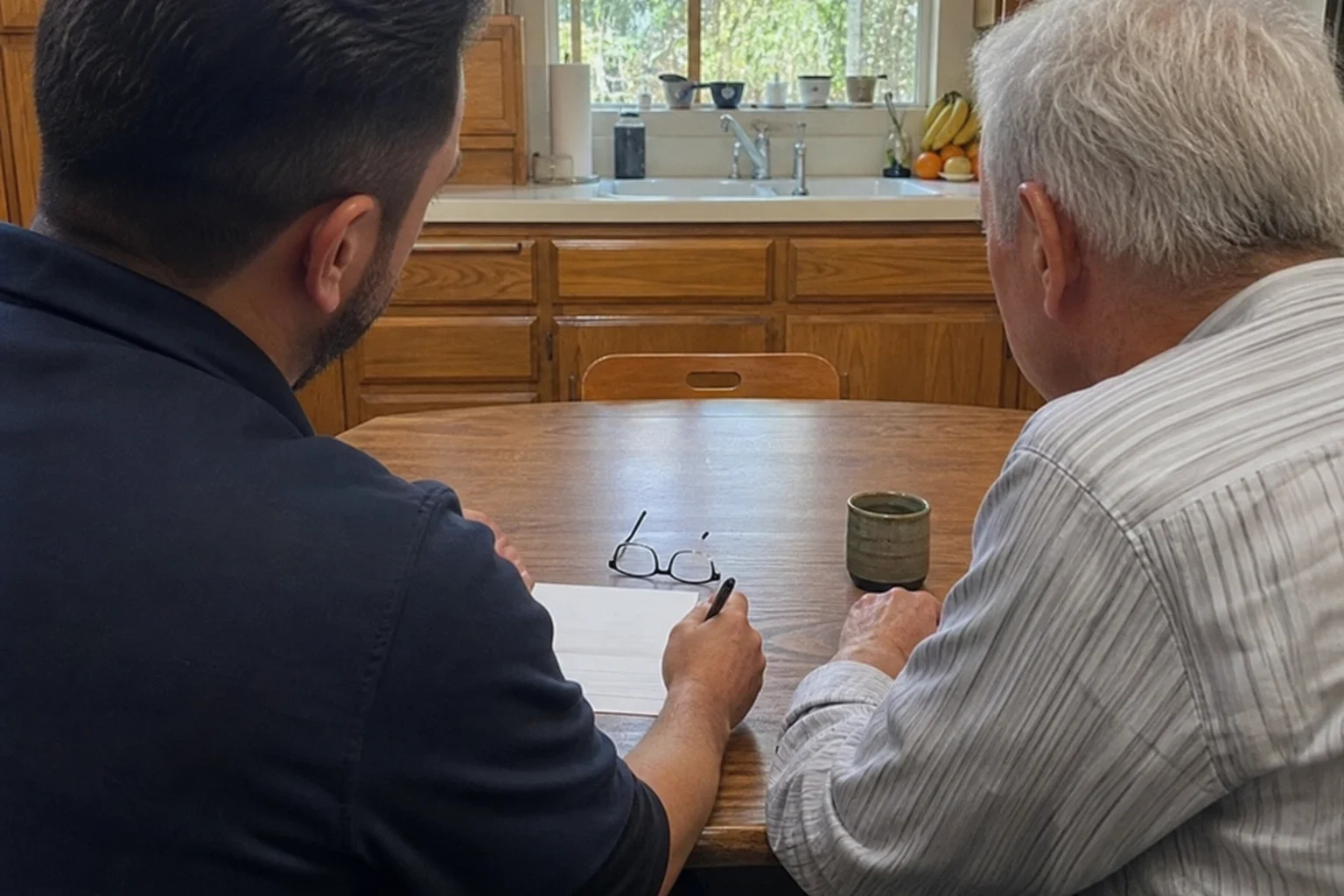 An agent in a navy shirt writes on a blank sheet beside a gray-haired man at a wooden kitchen table, with reading glasses and a cup nearby and a window over the sink